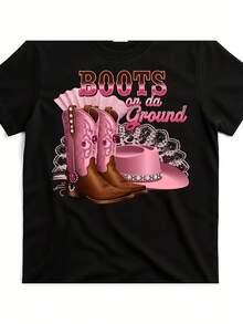 Men's & Women's Boots On Da Ground Western Graphic T-Shirt - 100% Cotton Soft Breathable Lightweight Crew Neck Tee With Cowboy Boots, Hat & Rhinestone Design - Casual Streetwear, Regular Fit, Machine Washable, Comfortable Casual Attire, Durable Fabric Shirt, Streetwear Fashion, Vintage Style, Highquality Print, Adult Clothing - Black - View 7