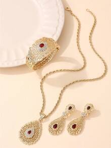 三件套女士时尚首饰套装：项链、耳环、手链，中东复古镂空设计，适合新娘、婚礼、派对、节日活动、女士节日礼物、日常佩戴及情人节配饰 - 彩色 - 查看 3