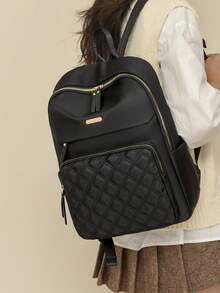 Women's Nylon Solid Color Quilted Large Capacity Versatile Backpack, Minimalist Casual Student Backpack, Commuter Bag - Black - View 7