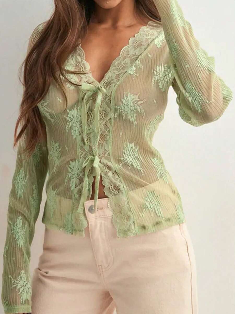 Womens Tie-Up Front Tops Long Sleeve V Neck Slim Fit Sheer Lace Shirts Spring Fall Blouses - 綠色 - 查看 1