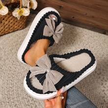 Zapatillas de mujer para otoño/invierno con lazo de pana, suela gruesa, borde de felpa suave, abierta de dedo, antideslizante y cálida, zapatillas de algodón para interiores. Sandalias de verano para damas. - Negro - Ver 2