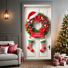 1pc, 35.4x70.8 Inches (90x180 Cm), Merry Christmas, 2D A Christmas Curtain Design Themed Around Santa Claus Hats And Socks, Made Of Polyester, Suitable For Birthdays, Parties, Celebration Events, Indoor/Outdoor Decoration, Home, Porch, Lawn, Garden, Courtyard Decoration, Universal Theme, With Holes For Easy Hanging