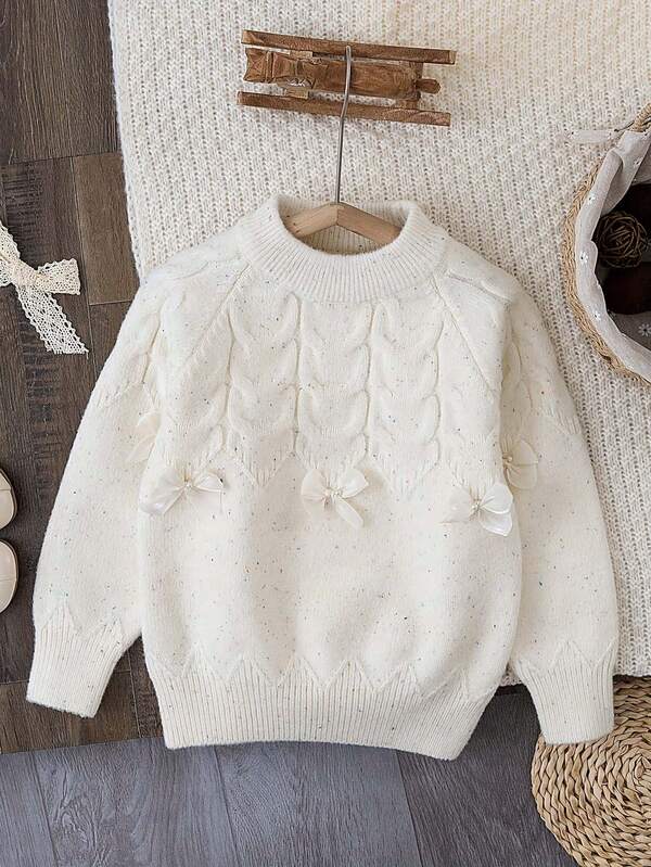 Jersey de cuello redondo con patrón de punto de cable y decoración de lazo, adecuado para actuaciones lindas como regalos, para niñas de otoño/invierno