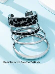 Bộ 2 vòng tay da PU họa tiết da báo và 2 vòng tay kim loại tối giản dành cho nữ, kiểu đeo nhiều lớp. - Nhiều màu - Xem 3