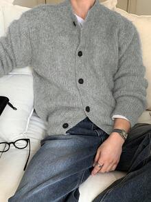 休闲宽松针织条纹不对称纽扣半开衫套头衫上衣，男士，春/秋/冬 - 灰色 - 查看 1