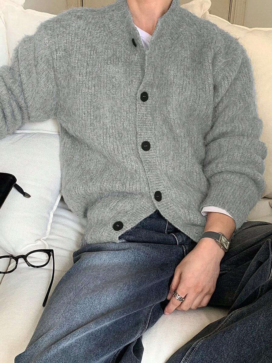 休闲宽松针织条纹不对称纽扣半开衫套头衫上衣，男士，春/秋/冬 - 灰色 - 查看 1