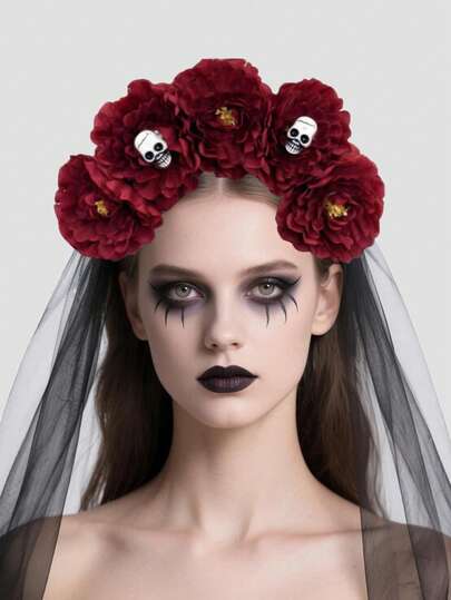 1 buc Halloween voal bandă de păr simulare craniu floare decorare plasă coafură, bal mascat potrivire