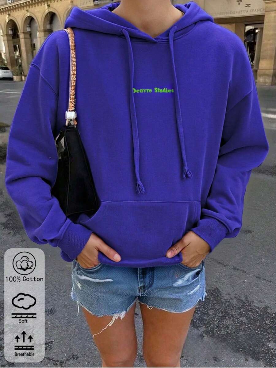 Felpa con stampa di lettere in stile Y2K carina per donna - manica lunga con tasche, casual streetwear, nuovo arrivo autunno 2026 - Blu - Visualizzare 1