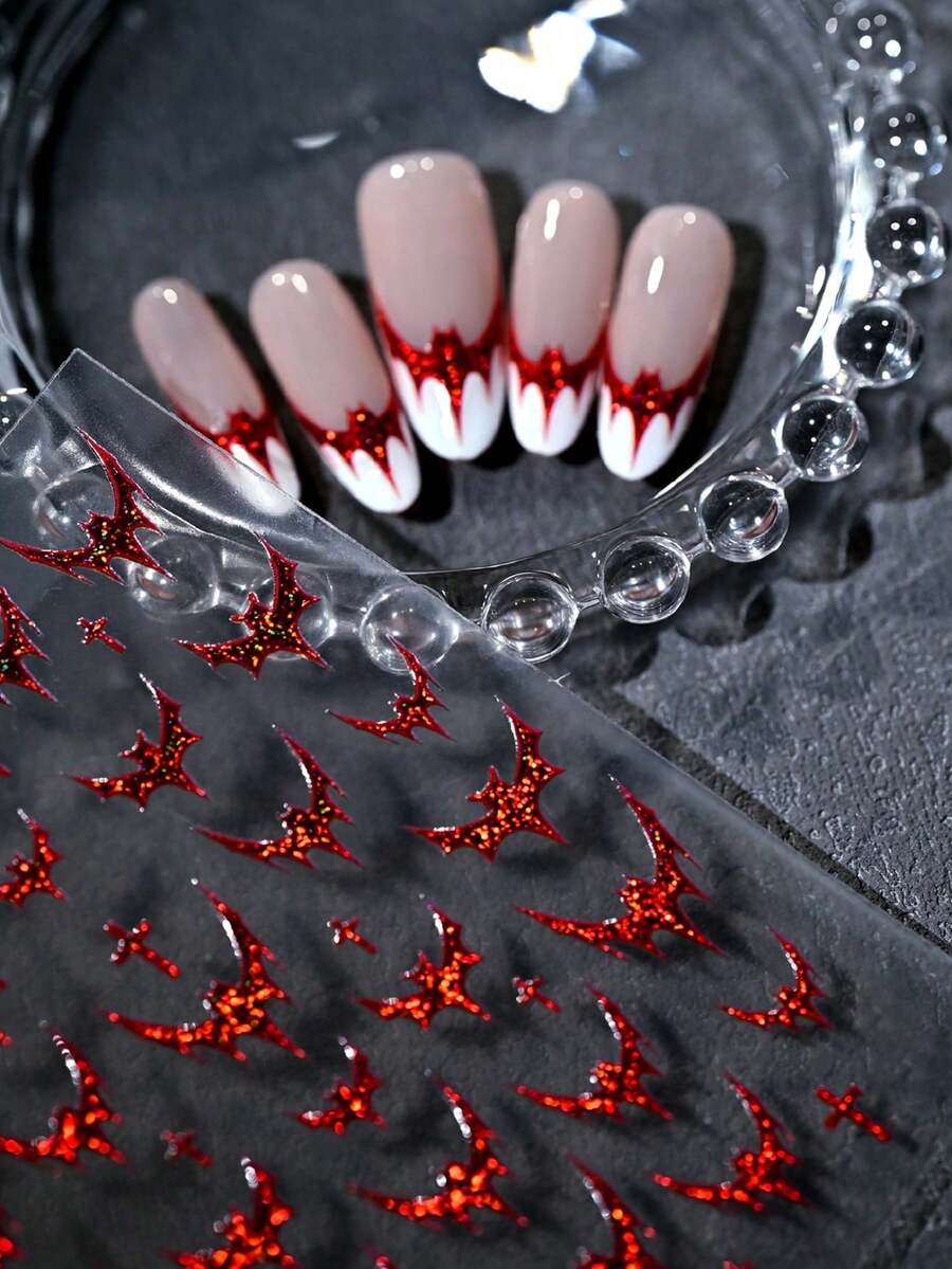 1pc Halloween Dark Bat Sticker, Red Gold Foil Nail Art Sticker, Goth Style Bat Sticker With Adhesive, Suitable For DIY Artistic Charm Design - Red - View 1