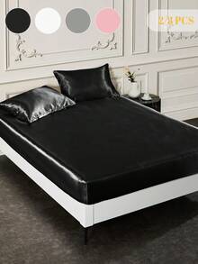 2/3pcs Fitted Sheet Set, Bedding Set, Satin Bed Sheets Set, Solid Color Skin-Friendly Bed Cover Set, Room Decor, Soft And Comfortable Bedding For Bedroom, Breathable And Glossy, Mother's Day Gift, Elegant And Firm, Mother's Day Decoration, Mattress Protector For Bedroom Decor, School Bedding Dorm Essentials, 1 Bed Sheet With 1/2 Pillowcases, Deep Pocket, For Single/Twin/Full/King/Queen Bed Sizes, Machine Washable, Meticulous Festival Gifts - 彩色 - 查看 9