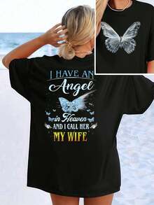 Wife Angel Heaven Graphic Tee , Women's Double Sided Printed Fashion Casual Round Neck 220gsm Cotton T-Shirt (1 PC)