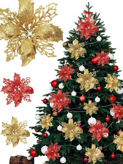 12pcs/6pcs Glitter Poinsettia Artificial Flowers (With Clips), Cute Artificial Poinsettia Christmas Tree Decorations, Reusable Christmas Flowers, DIY Wreaths, Christmas Garlands, Staircase Decor, Christmas Tree Ornaments, Christmas Decorations, Door Decor, Wall Decor, Window, Fireplace, Floor Decor, Christmas Tree, Holiday Party, Wedding Party, Home Decor, Gift Wrapping Decorations, Sparkling Winter Shrub Decor, Christmas Party Christmas Gifts, Christmas Tree Hanging Decor