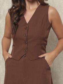 Women's Set: Vest With Fake Pocket And Buttons And Long Twill Skirt - Marrón Chocolate - Ver 2