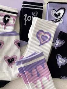 5 双女士中筒高吸引力街头风格百搭卡通运动长袜，美式风情，秋冬