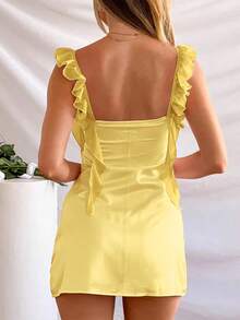 V-Neck Bowknot Design Satin Sexy Backless Fitted Flare Dress, Butter Yellow - Yellow - View 3