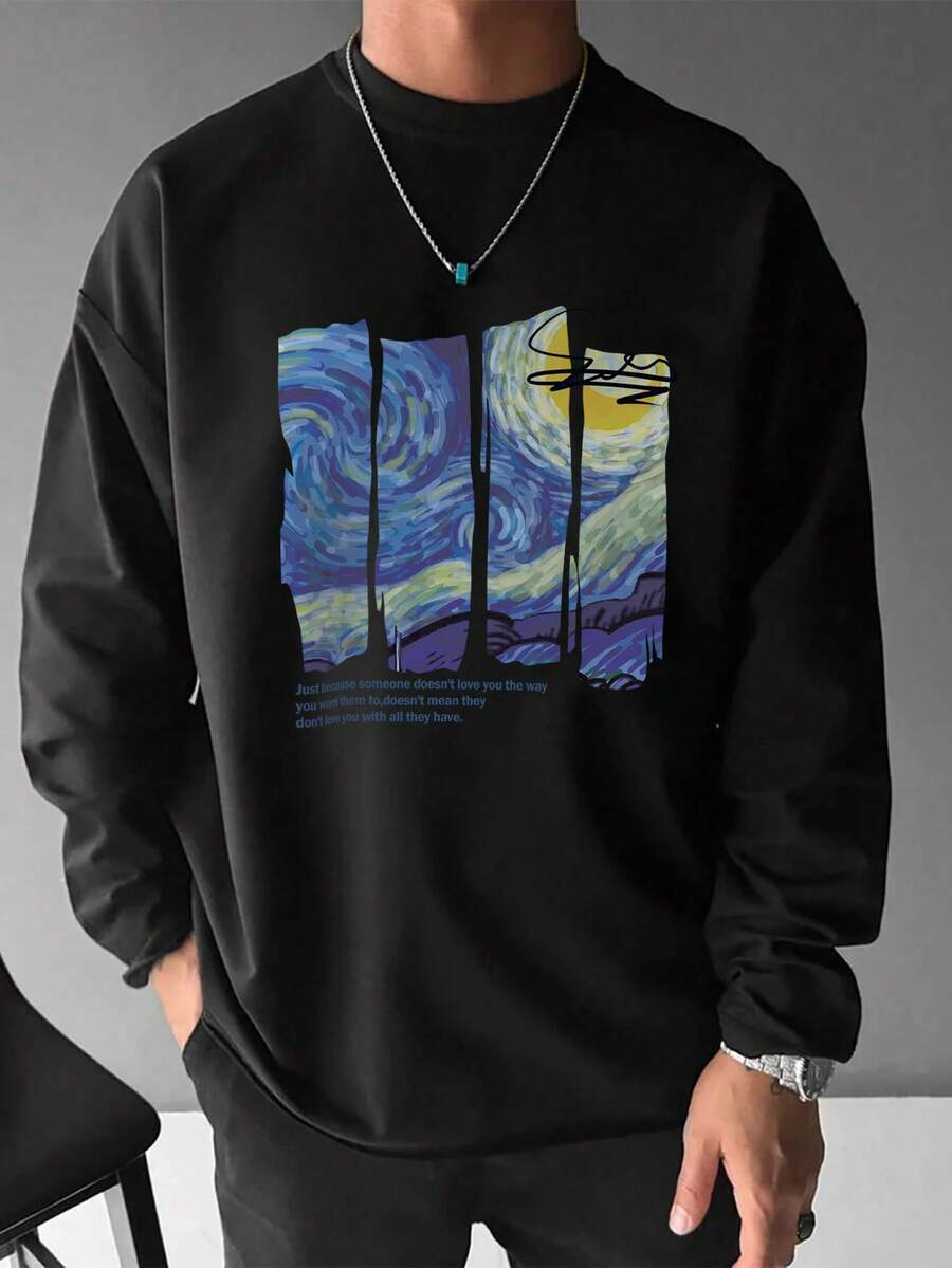 男士休闲油画标语印花长袖T恤，秋季 - 黑色 - 查看 1