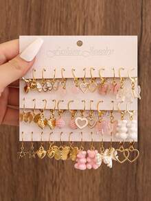 36-12 件卡通女孩耳环套装，粉色小熊，透明蝴蝶，空心心形，可爱风格，适合日常、度假、少女礼物 - 彩色 - 查看 2
