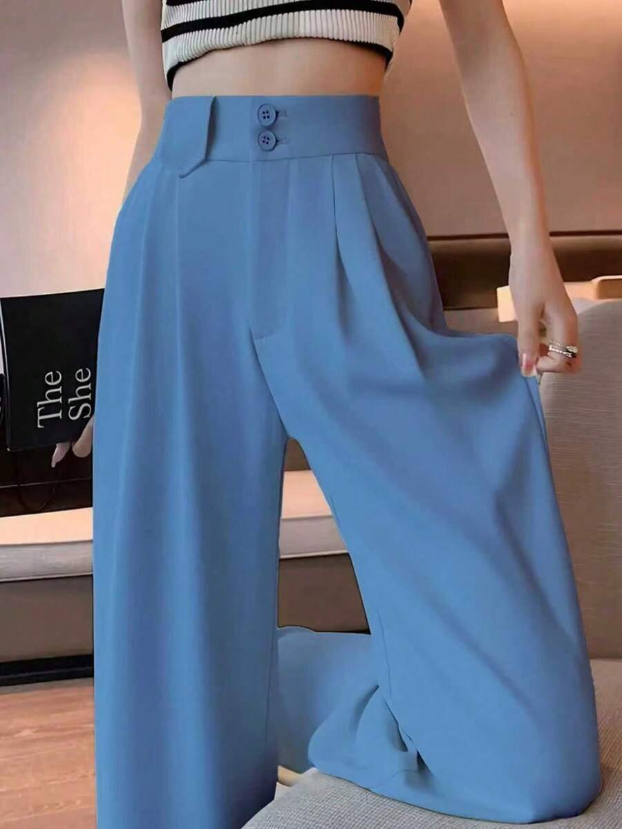 Damen einfarbige minimalistische Alltagshose mit Knopfleiste und schlanker Passform - Pfauenblau - Übersicht 1