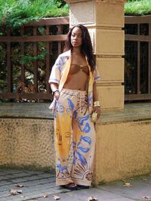 Yess Loren 宽腿系带图案太阳印花长裤海滩罩衫游泳夏季假期节日可爱休闲优雅托斯卡纳太阳 - 彩色 - 查看 4