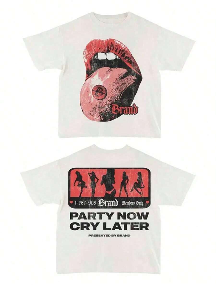 [High Quality Men's And Women's T-Shirts]Cartoon Lips Y2K Style Directional Printing (220g Cotton-Shirt) Cotton-Shirt - Soft, Breathable,% Cotton Fabric - Comfortable And Energetic Summer Street Style Short Sleeved-Shirt, Cool Design Retro Summer Men's Daily Wear-Shirt-- | Exquisite Design |   Loose And Comfortable |   Easy To Match | - 白色 - 查看 1