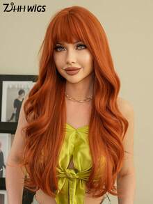 7JHH WIGS Tóc giả màu cam phong 28 inch cho phụ nữ, Tóc giả dài gợn sóng tuyệt đẹp có mái, Tóc sợi tổng hợp mềm mại tự nhiên chịu nhiệt, Tóc giả xoăn đẹp hoàn toàn bằng máy cho bé gái hàng ngày, Trang phục dự tiệc âm nhạc đường phố, Cosplay Anime hoặc sử dụng trang phục - trái cam - Xem 2