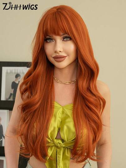 7JHH WIGS 28 Inch Maple Orange Wigs For Women, Gorgeous Long Body Wavy Wig With Bangs, Natural Looking Fluffy Very Soft Synthetic Heat Resistant Fiber Hair, Full Machine Beautiful Curly Wig For Girls Daily, Music Festival Party Street Wear, Cosplay Anime Or Costume Use
