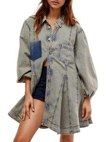 Vestido mini acampanado de mujer en denim con mangas abullonadas largas, bajo con botones, volantes y bolsillos delanteros - Celeste - Ver 1