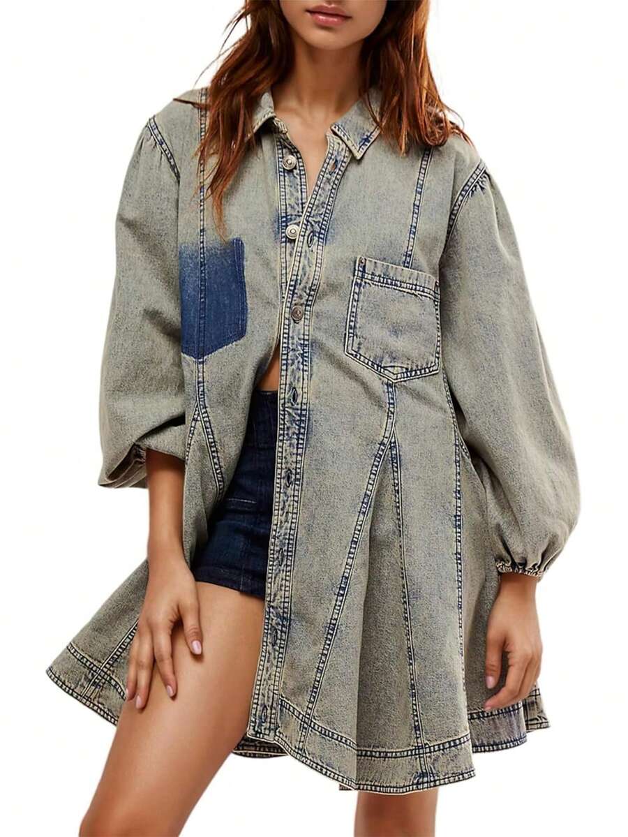 Vestido mini acampanado de mujer en denim con mangas abullonadas largas, bajo con botones, volantes y bolsillos delanteros - Celeste - Ver 1