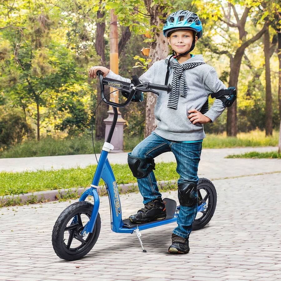 HOMCOM Kids Scooter, Toddler Kick Scooter With Adjustable Handlebar, 12" EVA Tyres, Rear Brake, For Age 5-12 Years, Blue - Blue - View 1