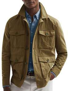 Men's Lightweight Jacket Button Up Casual Windproof Work Coat With Pockets - Màu Khaki - Xem 3