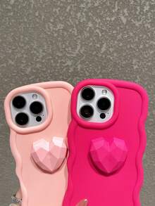 甜美扇贝心形手机壳（玫瑰红/紫色）- 波浪边，兼容 17/17 Air/17 Pro/17 Pro Max、16/15Plus/14/13/12/11/Pro/Pro Max、Redmi Note13Pro、OPPO A17、S20-S22FE/S23/S24Plus/S25/Ultra、Mi 11 Lite - 心形吊坠和大珍珠手机带，防震防摔 - 玫紅色 - 查看 3