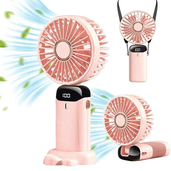 1 pieza Ventilador de mano USB pequeño y esencial de verano, modelo universal para niños y damas, de unicolor con baño de electroplata, con cordón, base que puede sostenerse, plegable con aromaterapia, calidad de 5 aspas, viento fuerte, ajuste de velocidad de 5 niveles, pantalla de potencia CNC, turbina silenciosa, puede soplar hasta 5 metros, ventilador portátil
