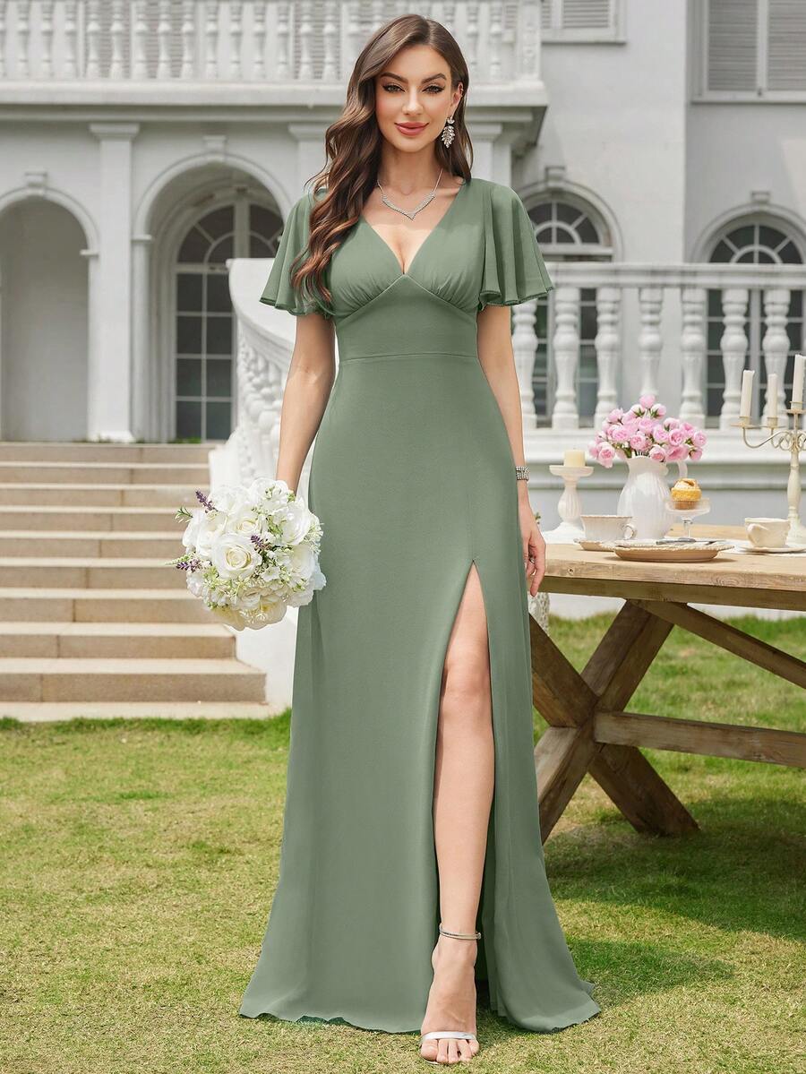 Volly Toych Đầm chiffon dáng chữ A thanh lịch với tay áo xếp bèo, thích hợp cho các dịp trang trọng như phù dâu, khách dự đám cưới và mẹ cô dâu, mùa thu. - Màu xanh Cadet - Xem 1