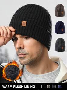 男士冬季针织帽，带保暖内衬，条纹可爱街头风休闲针织帽，纯色保暖无檐帽，适合派对、家庭聚会、朋友聚会、户外活动、驾车、日常寒冷天气佩戴，男士礼物 - 彩色 - 查看 9