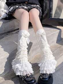 1双女士腿套，洛丽塔风格蕾丝边踝套，可爱蝴蝶结毛绒腿套，JK过膝长筒腿套，舞蹈腿套，黑白两色可选，舒适保暖 - 彩色 - 查看 1