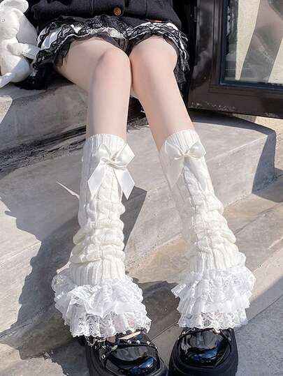 1双女士腿套，洛丽塔风格蕾丝边踝套，可爱蝴蝶结毛绒腿套，JK过膝长筒腿套，舞蹈腿套，黑白两色可选，舒适保暖