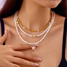 1 Set Multi-Layer Starfish Shell Necklace - Stackable Beach Jewelry, Summer Seaside, Dainty Beaded, Vacation Gift For Women - Vàng - Xem 4