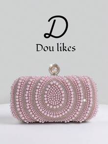 优雅的泪珠形粉红珍珠晚宴手拿包，适合旗袍的高端订婚手提包，配有金属链带，优雅的女士派对包适合舞会、婚礼、毕业舞会、正式晚宴/宴会，完美搭配女士毕业舞会礼服、毕业舞会配饰、亮片礼服、闪亮礼服、女士优雅礼服。 - 粉色 - 查看 1