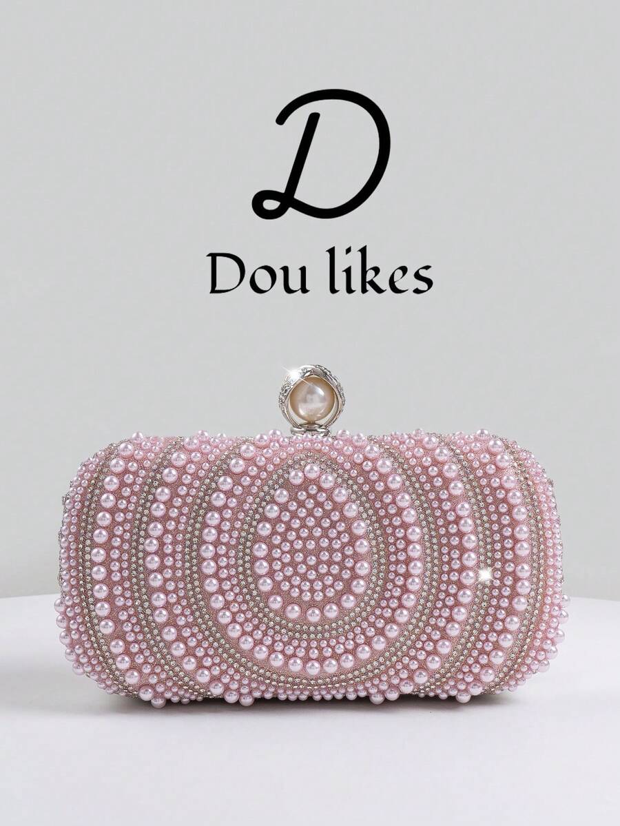 优雅的泪珠形粉红珍珠晚宴手拿包，适合旗袍的高端订婚手提包，配有金属链带，优雅的女士派对包适合舞会、婚礼、毕业舞会、正式晚宴/宴会，完美搭配女士毕业舞会礼服、毕业舞会配饰、亮片礼服、闪亮礼服、女士优雅礼服。 - 粉色 - 查看 1