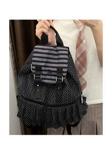 This Season's New Korean Niche Design Polka Dot Backpack Features Large Capacity Drawstring And Versatile Fashion Commuter Backpack - Black - View 3
