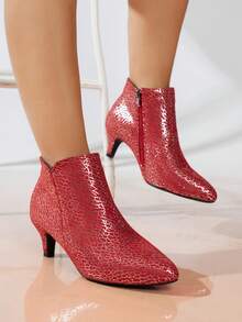 Red Pointed Toe Elegant Kitten Heel Ankle Boots For Women, Fashion Versatile Side Zipper Short Booties Suitable For Holidays - Red Gold - View 4