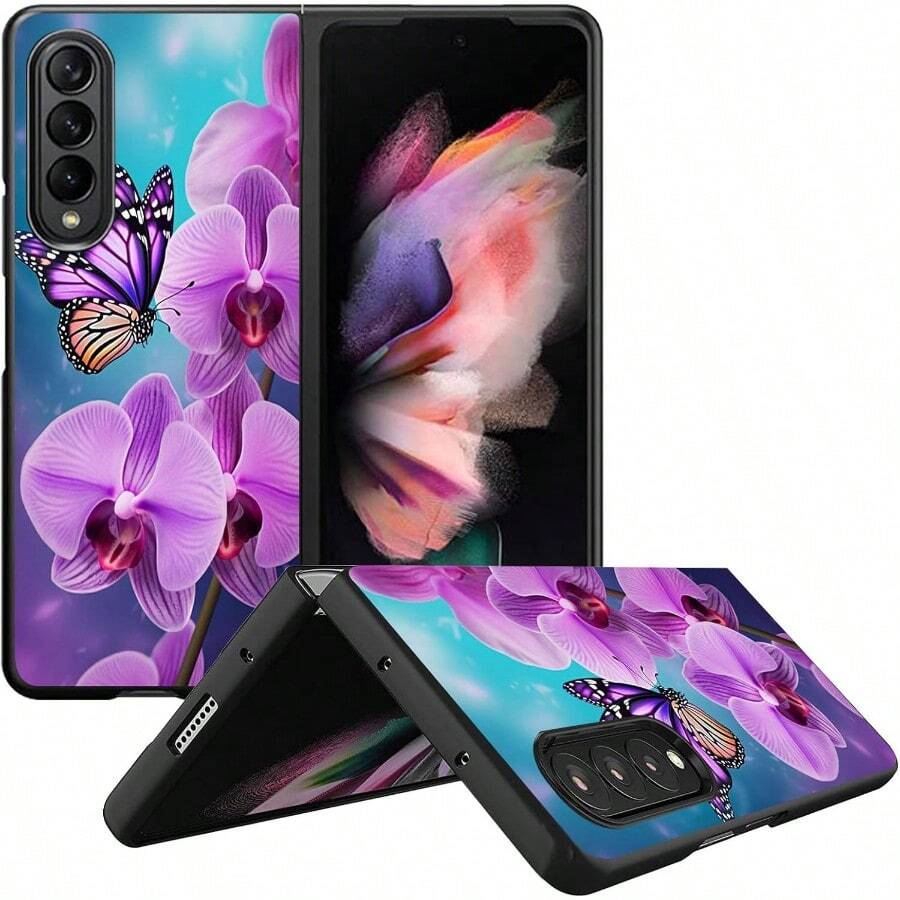 Floral, Animal And Galaxy Print Pattern Foldable Phone Case Compatible With Sam Galaxy Z Flip 3 4 5 6 7 Folding Case Design For Moto Razr 40 50 60 Ultra Cute Phone Case For Girl And Women - Hoa màu tím bướm - Xem 1