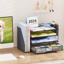 2025Desk Organizer And Accessories, 4-Tier Desktop File Organizer With Drawer And 2 Pen Holders, Office Desk Accessories, Workspace Organizers For Office Supplies(Black) - Dark Blue - View 11