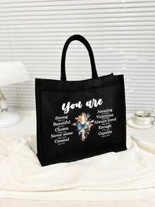 黑色亚麻手提包，带拉链口袋，饰有十字架、蝴蝶、花卉和字母图案，女士手提包，生日、派对、节日礼物，基督教主题手提包和化妆包套装，字母设计购物袋，适合婚礼、生日和其他场合，送给家人和朋友的最佳礼物，男女通用，情侣款，日常使用 - 彩色 - 查看 6