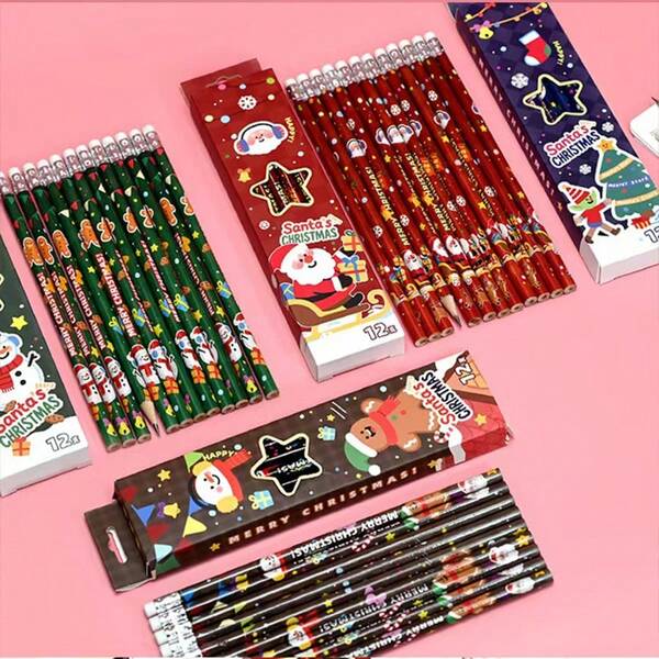 12pcs/Box Christmas Themed Pencils, Assorted Patterns, Ideal For Office, School Supplies, Graduation Gifts, Holiday Presents, Motivational Tools, Stocking Stuffers