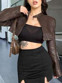 Chaqueta corta de imitación de PU de color sólido para mujer con cuello alto y botones, adecuada para usar en primavera y otoño, adecuada para ocasiones diarias y de citas. - Marrón - Ver 2