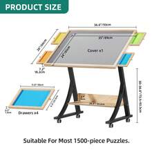 BALCONERA 1500-Piece Folding Portable Puzzle Table – Adjustable Tilt Angle & Height, 4 Drawers + Storage Shelf, With Cover & Easy To Move (Adjustable Tilting Puzzle Board) - Wood Color - View 3