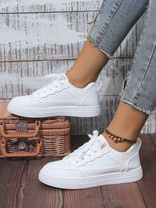 Women White Sneakers Spring Autumn Sport Running Shoes Casual Lace Up Flat Skid-Proof Shoes - trắng - Xem 2