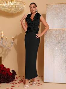 Nuevo vestido elegante con decoración floral 3D de escote en V profundo y sin mangas, adecuado para invitados de boda, damas de honor, fiestas festivas, vestido de noche formal