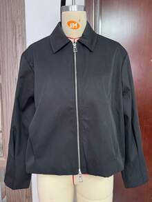 女士拉链外套宽松长袖休闲新款外套2024时尚女式飞行员夹克短款夹克女士黑色春季 - 黑色 - 查看 3